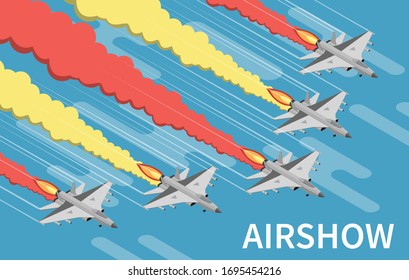 Military airshow aircraft painting sky with red yellow trails isometric top view blue background vector illustration 