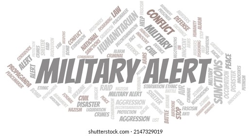 Nube de palabras de alerta militar. Vector hecho sólo con el texto.