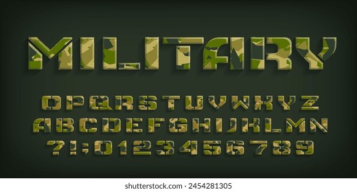 Military alphabet font. 3D camo letters and numbers. Stock vector typescript for your design.