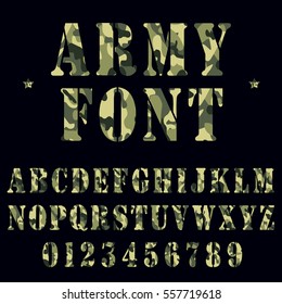 Military Alphabet Font. Army Stencil Lettering With Camouflage Background. - Stock Vector.