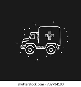Military ambulance icon in doodle sketch lines. Vintage truck vehicle world war