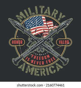 Military America Flyer Vintage Colorful Crossed PSRL1 Army And Freedom Fighter Weapons Precision Shoulder-Fired Rocket Launcher And Flag Vector Illustration