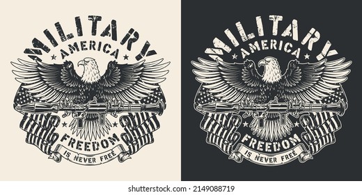 Military America Monochrome Vintage Flayer Eagle With Spread Wings And PSRL-1 Shoulder-Fired Rocket Launcher Patriotic Army Flags Vector Illustration