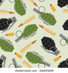 Military ammo seamless pattern. Grenade army military texture. Manual bursting grenades and cartridges for submachine gun.