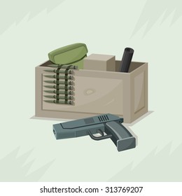 Military ammunition (box and gun). Vector Illustration.