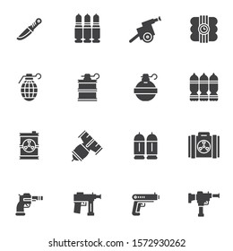 Military ammunition vector icons set, modern solid symbol collection, filled style pictogram pack. Signs, logo illustration. Set includes icons as combat knife, grenade, nuclear bomb, pistol, weapon