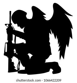 Military Angel Soldier With Wings Kneeling Silhouette Vector Illustration