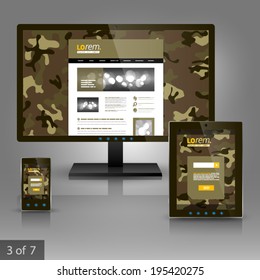 Military application template design for gadgets with camouflage pattern. Elements of stationery.