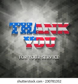 Military Appreciation Sign, Thank You For Your Service, On Woodland Camouflage Background