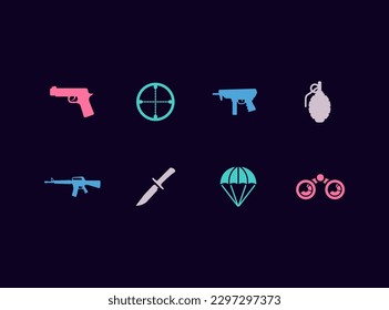 Juego de iconos vectores de armamento militar. Guerra, íconos de armas.