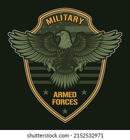 Military armed forces colorful logotype vintage style with bald eagle with spread wings in front USA national flag vector illustration