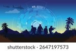 Military Army Background Banner Vector Template Battle Scene with Tanks and Artillery, Military Operation Night Combat in a Futuristic Landscape, Military Combat Scene Soldiers in Action