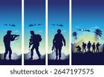 Military Army Background Banner Vector Template Battle Scene with Tanks and Artillery, Military Operation Night Combat in a Futuristic Landscape, Military Combat Scene Soldiers in Action