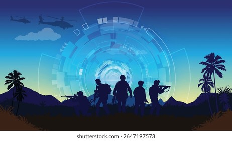 Exército militar fundo bandeira vetor modelo cena de batalha com tanques e artilharia, Operação Militar Combate Noturno em uma paisagem futurista, Militares Combate cena soldados em ação