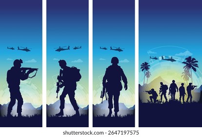 Exército militar fundo bandeira vetor modelo cena de batalha com tanques e artilharia, Operação Militar Combate Noturno em uma paisagem futurista, Militares Combate cena soldados em ação