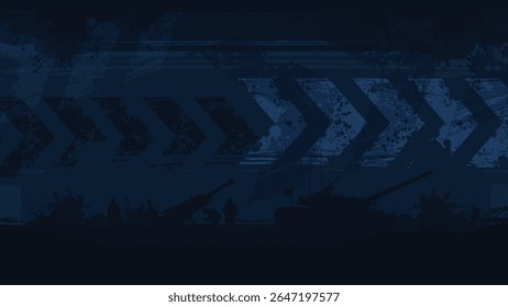 Exército militar fundo bandeira vetor modelo cena de batalha com tanques e artilharia, Operação Militar Combate Noturno em uma paisagem futurista, Militares Combate cena soldados em ação