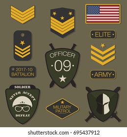 Military army badge set typography. T shirt graphics. Army patch, chevron, pin. Vector