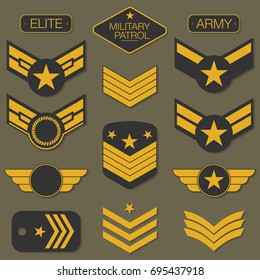 Military army badge set typography. T shirt graphics. Army patch, chevron, pin. Vector