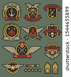 Military army badges. Patches, soldier chevrons with ribbon and star. Vintage airborne labels, t-shirt graphics, military style vector tactical seal tag set