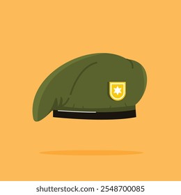 military army beret icon with gold pin, flat style green hat, suitable for posters and web icons