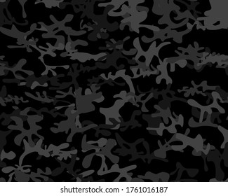 Military Army Brush. Dark Camo Print. Camo Black Grunge. Camo Hunter Black Pattern. Urban Repeat Pattern. Abstract Vector Background. Digital Gray Camouflage Seamless Paint. Fabric Woodland Camouflage