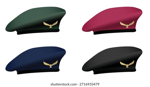 Military army cap collection in multiple colors realistic uniform headwear design