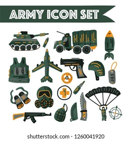 Military and army flat icon vector set with tank, parachute, helmet, gas mask, aircraft, binoculars, knife, gun, rocket, bullet and other ammunition. War clip arts.