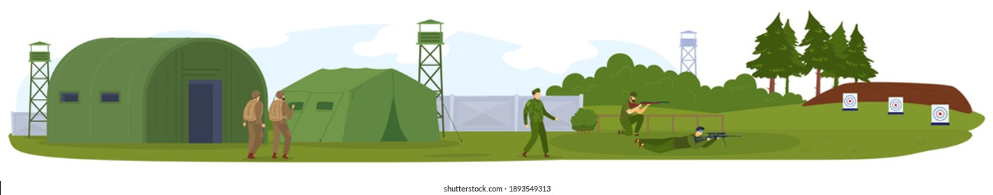 Military Army Force, Base Or Camp With Armed Solgiers In Camouflage Vector Illustration. War Game Landscape. Militarian People In Uniform Shooting. Milirarism. Green Tents, Combats.