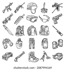 Military and Army Force Equipments Hand Drawn Icon Set Vector.