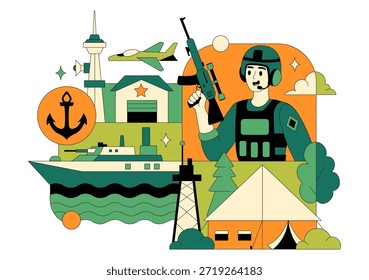 Ilustración vectorial De Las Fuerzas Militares Del Ejército Con Soldados, Armas, Tanques, Equipo De Protección Pesado En Fondo De Dibujos Animados De Estilo Plano