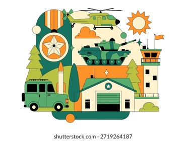 Ilustración vectorial De Las Fuerzas Militares Del Ejército Con Soldados, Armas, Tanques, Equipo De Protección Pesado En Fondo De Dibujos Animados De Estilo Plano