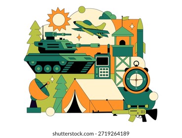 Ilustración vectorial De Las Fuerzas Militares Del Ejército Con Soldados, Armas, Tanques, Equipo De Protección Pesado En Fondo De Dibujos Animados De Estilo Plano
