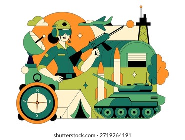 Ilustración vectorial De Las Fuerzas Militares Del Ejército Con Soldados, Armas, Tanques, Equipo De Protección Pesado En Fondo De Dibujos Animados De Estilo Plano