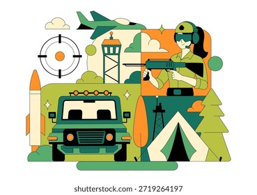Ilustración vectorial De Las Fuerzas Militares Del Ejército Con Soldados, Armas, Tanques, Equipo De Protección Pesado En Fondo De Dibujos Animados De Estilo Plano