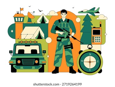 Ilustración vectorial De Las Fuerzas Militares Del Ejército Con Soldados, Armas, Tanques, Equipo De Protección Pesado En Fondo De Dibujos Animados De Estilo Plano
