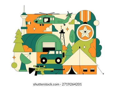 Ilustración vectorial De Las Fuerzas Militares Del Ejército Con Soldados, Armas, Tanques, Equipo De Protección Pesado En Fondo De Dibujos Animados De Estilo Plano