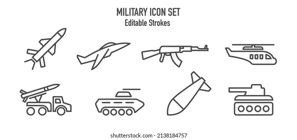 Military Army Icon Set. War Design Elements, Outline Style Black Collection For Web And Media. Vector Illustration