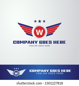 Military Army Logo Template with wings and 3 star icon for Business, Company, Association, Club, Organization. Red Blue Wing