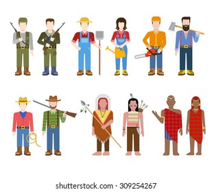 Military army officer commander Indian cowboy farmer builder lumberjack hunter Brahmin people in uniform flat avatar user profile icon vector illustration set. Creative people collection.