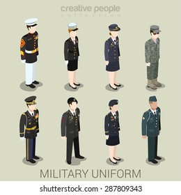 El comandante del ejército militar patrulla a la gente de SWAT con uniforme de vacaciones uniforme de vuelo isométrico avatar de juego 3d perfil de usuario icono de ilustración vectorial conjunto. Colección de personas creativas. Construye tu propio mundo.