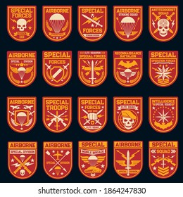 Military and army patches of special operation, air and airborne forces. Vector icons of skull, shield, airplane and parachute, rank, star and arrow, sword, wing, weapon and aircraft