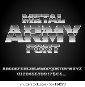 Military Army Sci-Fi Movies Style Chrome Typeface in 80s Retro Futurism style. Vector font