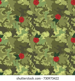 Military army seamless pattern with red roses. Vector illustration for fashion fabric. Camouflage for girl apparels