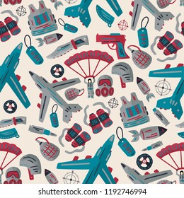 Military and army seamless pattern. Vector icon set with tank, parachute, helmet, gas mask, aircraft, binoculars, knife, gun, rocket, bullet and other ammunition. War flat signs.