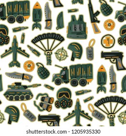 Military and army seamless pattern. Vector icon set with tank, parachute, helmet, gas mask, aircraft, binoculars, knife, gun, rocket, bullet and other ammunition. War flat signs.