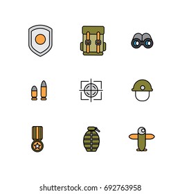 Military and army. Set of vector isolated line filled icons. Pixel Perfect. For web design and presentations, site 