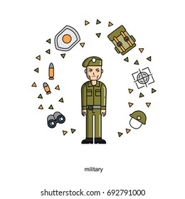 Military and army. Set of vector isolated line filled icons. Pixel Perfect. For web design and presentations, site 