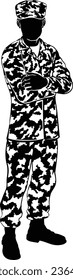 A military army soldier man in silhouette standing with his arms folded