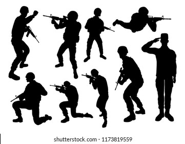 Military army soldier set of high quality detailed silhouettes