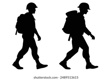 Military or Army Soldier walking steps Silhouettes Vector illustration isolated on white background